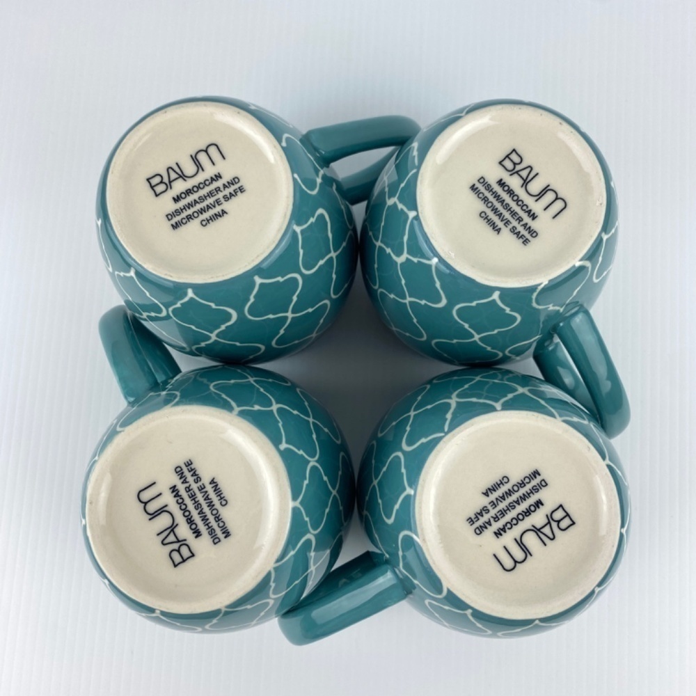 Baum Moroccan Large Turquoise Mugs Set of 4 Ceramic Coffee / Tea Cups 19 Oz - Picture 8 of 9